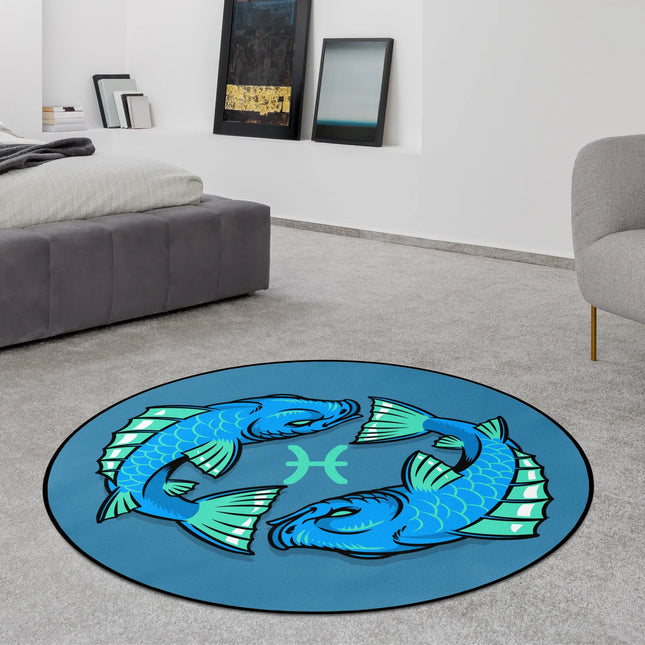 Blue pisces zodiac graphic round rug styled in a modern bedroom with Jet Black edge finish