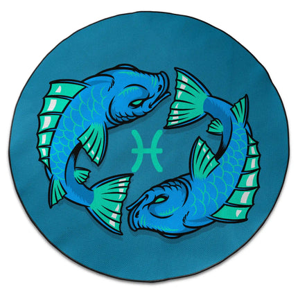 Pisces zodiac graphic round rug with Jet Black edge finish shown from above on white background