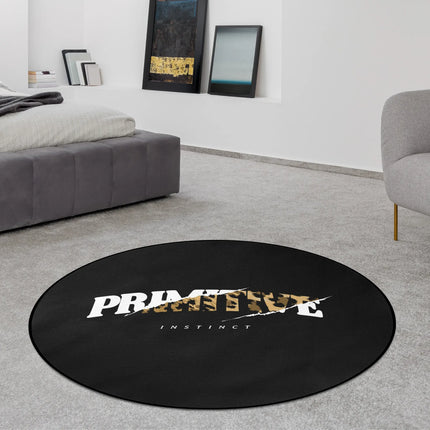 Primitive instinct graphic round rug styled in a modern bedroom with Jet Black edge finish