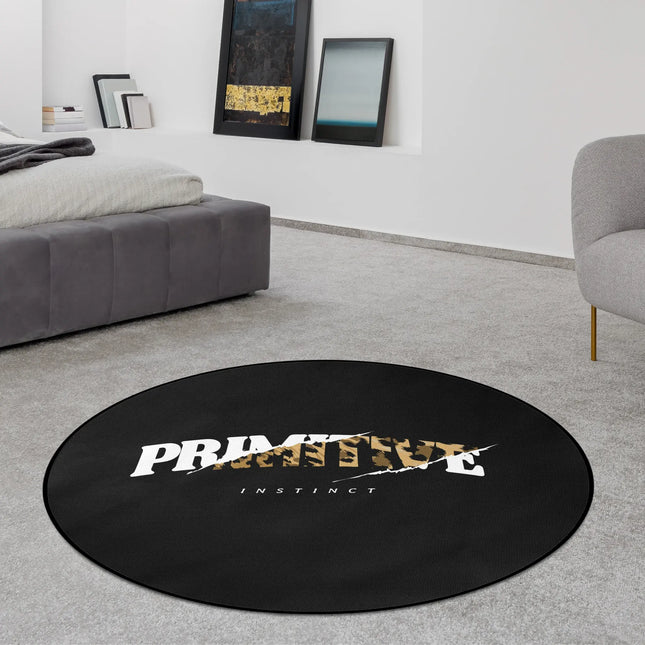 Primitive instinct graphic round rug styled in a modern bedroom with Jet Black edge finish