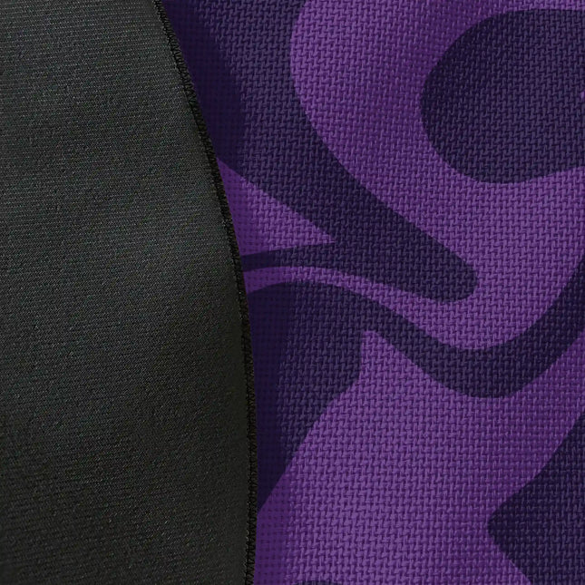 Close up of woven polyester material on purple haze round rug with Jet Black edge showing detailed purple wave print texture