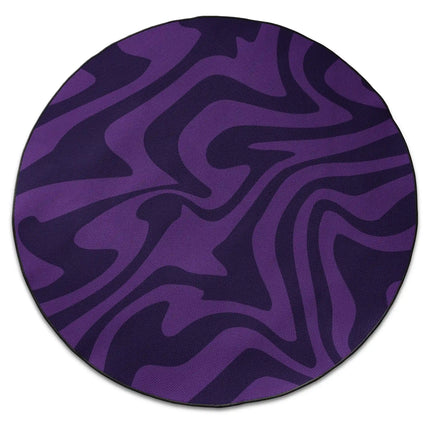 Purple haze round rug with flowing abstract wave pattern shown from above on white background with Jet Black edge finish