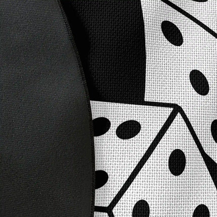 Close up of woven polyester material on roll the dice graphic round rug with Jet Black edge showing detailed dice print texture