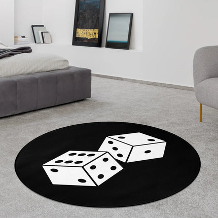 Black roll the dice graphic round rug with oversized white dice illustration styled in a modern bedroom with Jet Black edge finish