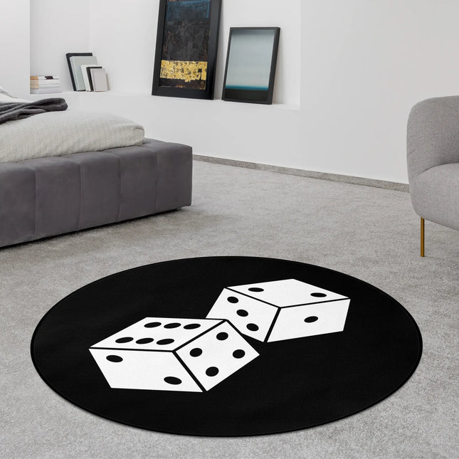 Black roll the dice graphic round rug with oversized white dice illustration styled in a modern bedroom with Jet Black edge finish
