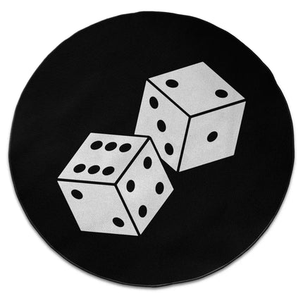 Black roll the dice graphic round rug with oversized white dice illustration shown from above on white background with Jet Black edge finish