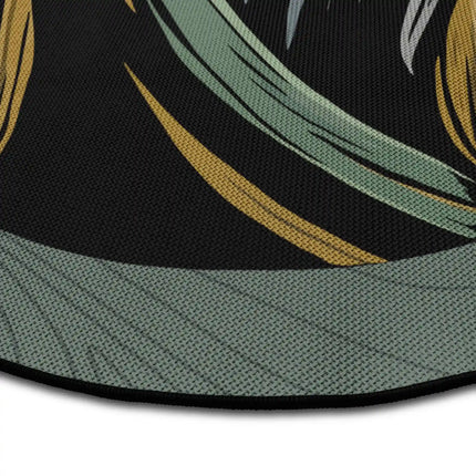 Close up of saint sinner graphic round rug with faceless saint artwork showing Jet Black edge and woven polyester texture