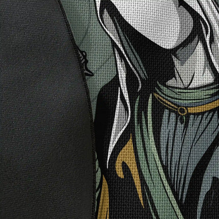 Close up of woven polyester material on saint sinner graphic round rug with Jet Black edge showing faceless saint artwork and print texture