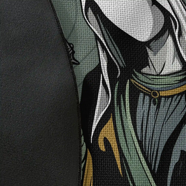 Close up of woven polyester material on saint sinner graphic round rug with Jet Black edge showing faceless saint artwork and print texture