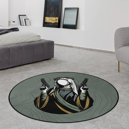 Saint sinner graphic round rug with faceless saint figure, dual pistols and crown of thorns artwork styled in a modern bedroom with Jet Black edge finish