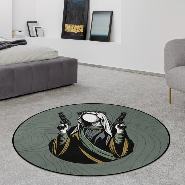 Saint sinner graphic round rug with faceless saint figure, dual pistols and crown of thorns artwork styled in a modern bedroom with Jet Black edge finish