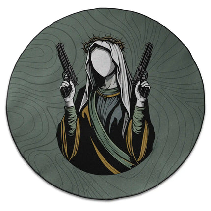 Saint sinner graphic round rug with faceless saint figure, dual pistols and Jet Black edge finish shown from above on white background