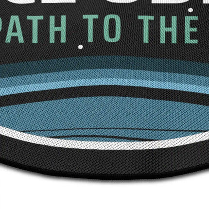 Close up of space oddity round rug Jet Black edge showing woven polyester detail