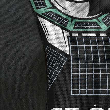 Close up of woven polyester material on space oddity graphic round rug with Jet Black edge finish showing satellite and planetary print detail