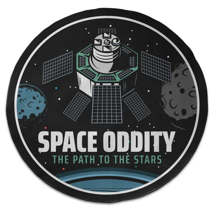 Space oddity graphic round rug with Jet Black edge finish shown from above on white background