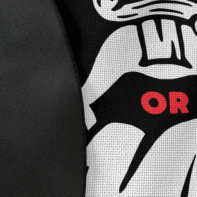Close up of Speak Good Or Remain Silent graphic round rug Jet Black edge showing woven polyester material and geometric line artwork detail