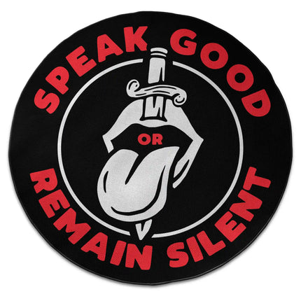 Speak Good Or Remain Silent graphic round rug with geometric line artwork shown from above on white background with Jet Black edge finish