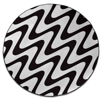 Static flow graphic round rug with Jet Black edge finish shown from above on white background