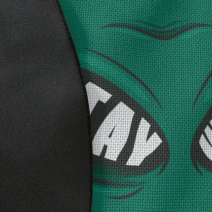 Close up of woven polyester material on stay weird graphic round rug with Jet Black edge finish showing print texture