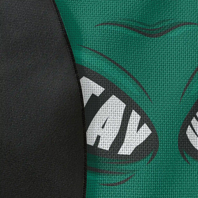 Close up of woven polyester material on stay weird graphic round rug with Jet Black edge finish showing print texture