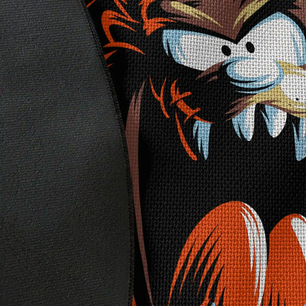 Close up of woven polyester material on Tasmanian Devil graphic round rug showing detailed print texture and colour contrast with Jet Black edge