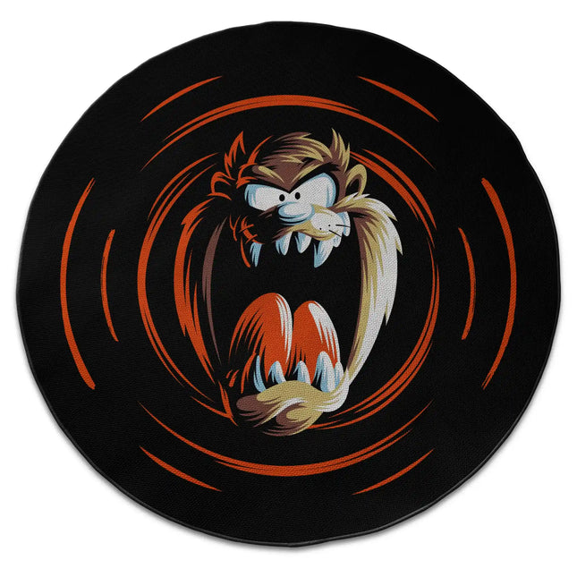 Black Tasmanian Devil graphic round rug with cartoon character and swirl design shown from above on white background with Jet Black edge