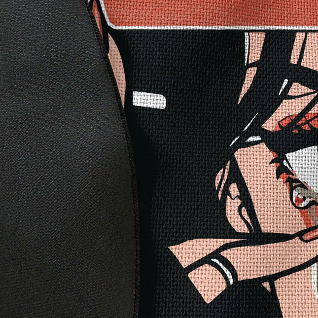 Close up of woven polyester material on tears and smoke graphic round rug with Jet Black edge showing detailed eye artwork and print texture