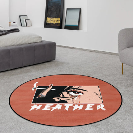 Tears and smoke graphic round rug with illustrated eye artwork, drifting smoke details and distressed typography styled in a modern bedroom with Jet Black edge finish