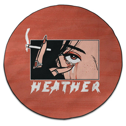Tears and smoke graphic round rug with illustrated eye artwork, smoke details and Jet Black edge finish shown from above on white background