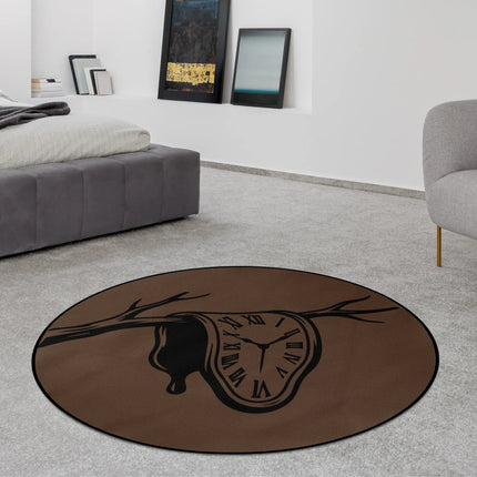 Time Collapse graphic round rug with surreal melting clock artwork styled in a modern bedroom with Jet Black edge finish