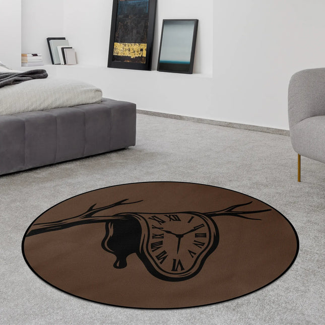 Time Collapse graphic round rug with surreal melting clock artwork styled in a modern bedroom with Jet Black edge finish