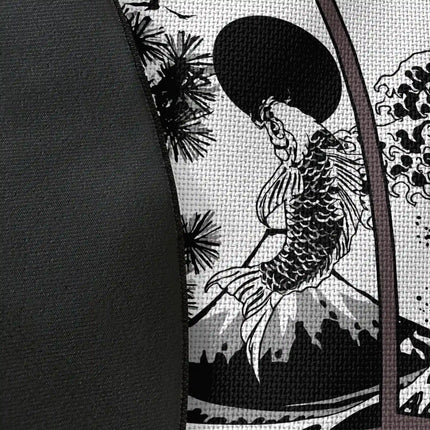 Close up of woven polyester material on tokyo noir graphic round rug with Jet Black edge showing Japanese wave artwork and print texture