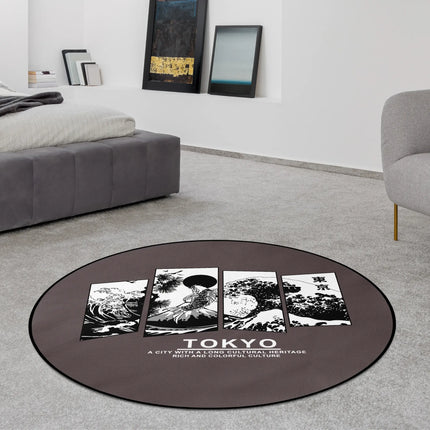 Tokyo noir graphic round rug with Japanese wave panel artwork and monochrome typography styled in a modern bedroom with Jet Black edge finish