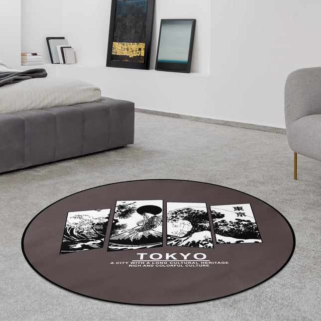Tokyo noir graphic round rug with Japanese wave panel artwork and monochrome typography styled in a modern bedroom with Jet Black edge finish