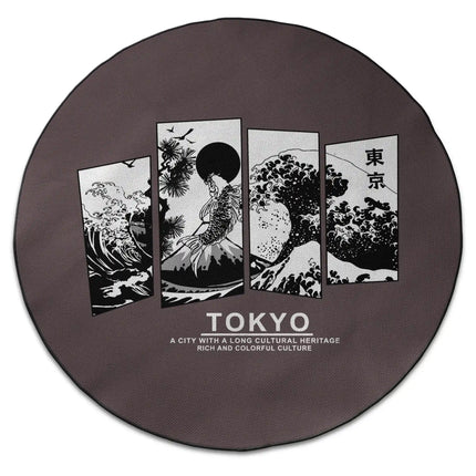 Tokyo noir graphic round rug with Japanese wave panel artwork and Jet Black edge finish shown from above on white background