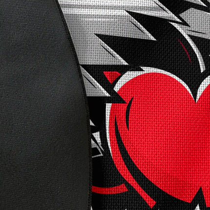 Close up of woven polyester material on trapped heart graphic round rug with Jet Black edge finish showing print texture