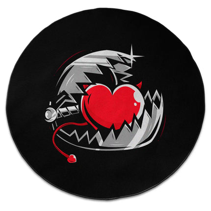 Trapped heart graphic round rug with Jet Black edge finish shown from above on white background