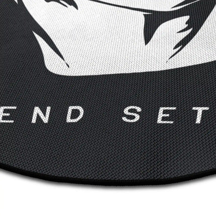 Close up of trend setter graphic round rug Jet Black edge showing woven polyester detail