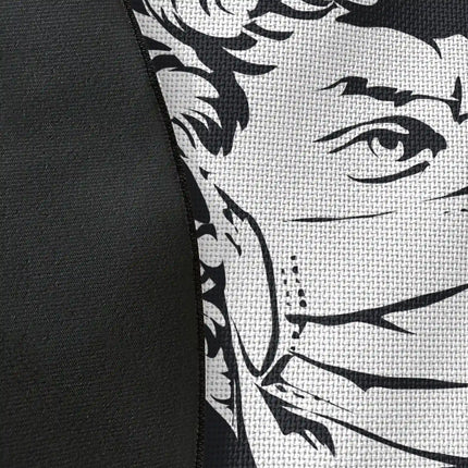 Close up of woven polyester material on trend setter graphic round rug with Jet Black edge finish showing print texture