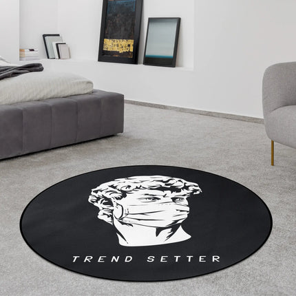 Black trend setter graphic round rug styled in a modern bedroom with Jet Black edge finish