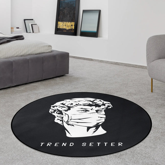 Black trend setter graphic round rug styled in a modern bedroom with Jet Black edge finish