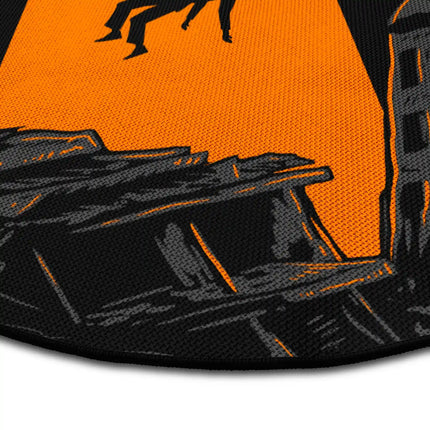 Close up of UFO beam round rug Jet Black edge showing woven polyester detail
