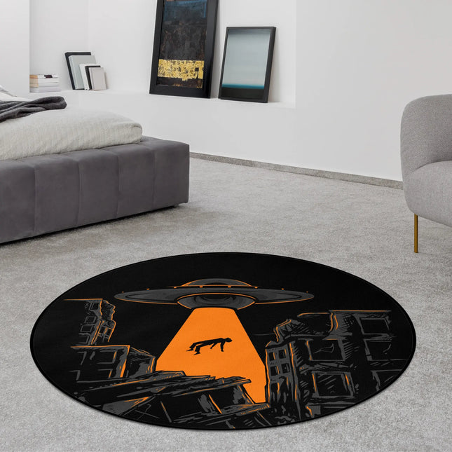 Black UFO beam graphic round rug with sci-fi city and alien beam design styled in a modern bedroom with Jet Black edge finish