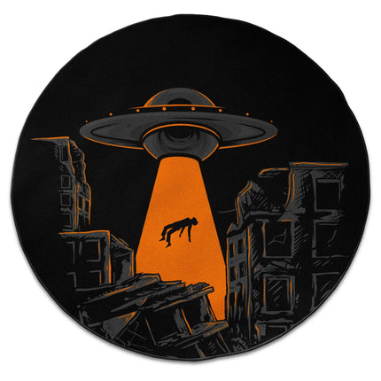 UFO beam graphic round rug with Jet Black edge finish shown from above on white background