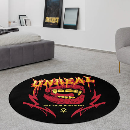 Unreal Not Your Business round rug black graphic quote rug styled in modern bedroom with Jet Black edge finish