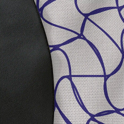 Close up of woven polyester material on Warp Grid abstract round rug with Jet Black edge showing warped optical line artwork and print texture