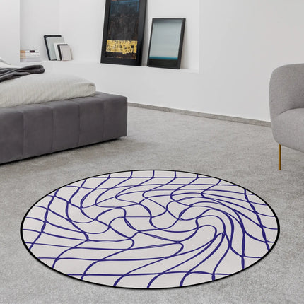Warp Grid abstract round rug with warped optical line artwork styled in a modern bedroom with Jet Black edge finish