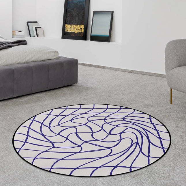 Warp Grid abstract round rug with warped optical line artwork styled in a modern bedroom with Jet Black edge finish