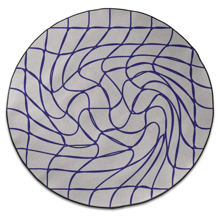 Warp Grid abstract round rug with warped optical line artwork and Jet Black edge finish shown from above on white background