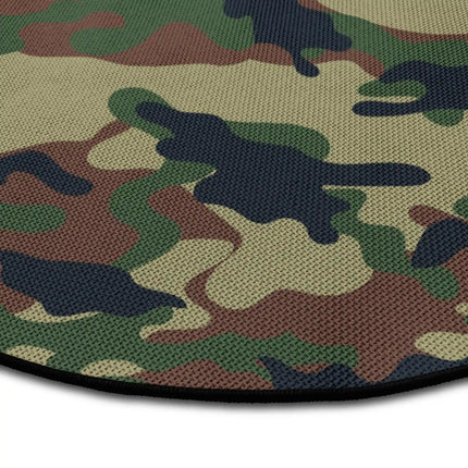 Close up of woodland camo round rug Jet Black edge showing woven polyester detail